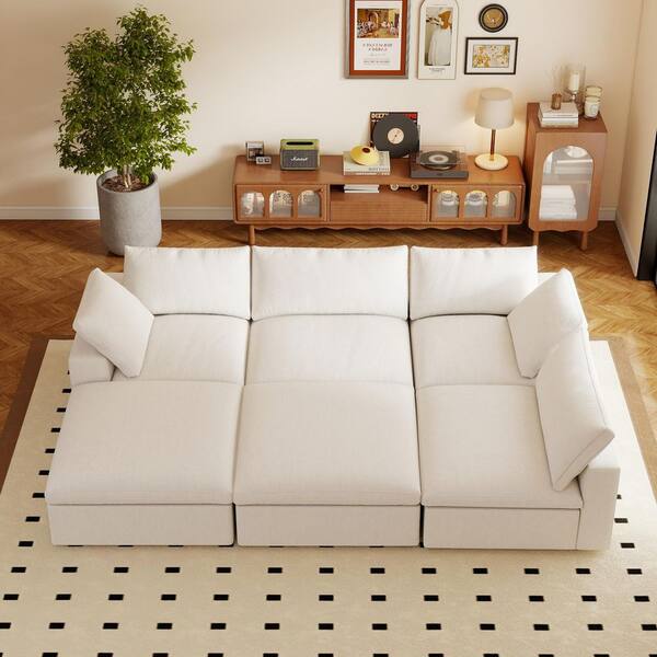 J&E Home 160.6 in. W Square Arm Linen U-Shaped 6-Pieces
