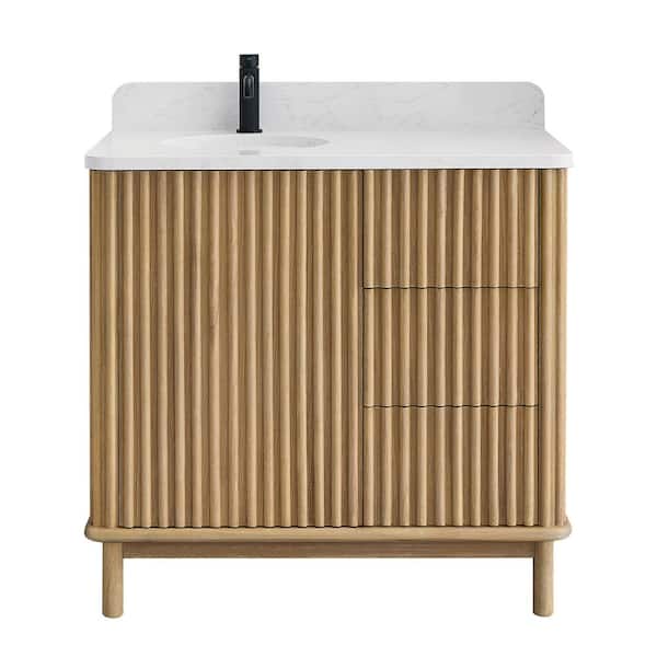Seoul 36 in.W x 22 in.D x 33.8 in.H Single Bath Vanity in Washed Ash Grey with White Grain Stone Top