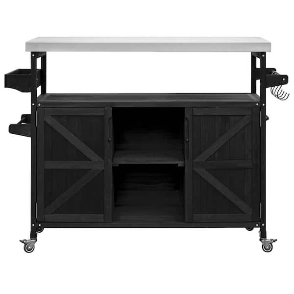Unbranded Black Fir Wood 50.25 in. Kitchen Island on 4 Wheels with Stainless Steel Top, Spice Rack, Towel Rack