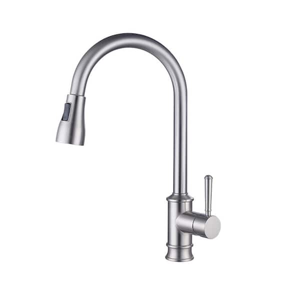 Satico Single Handle High Arc Stainless Steel Pull Out Kitchen Faucet in Brushed Nickel