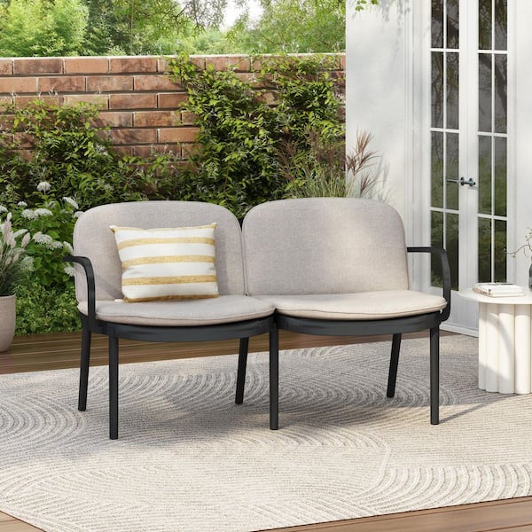 Luna Modern Patio Black Polypropylene Plastic Frame Outdoor Loveseat with Beige Cushions