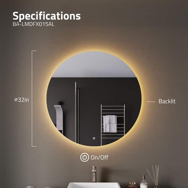 32-in. W x 32 in. H Large Round Frameless Wall Mounted LED Back Lighting Bathroom Vanity Mirror with Defogger