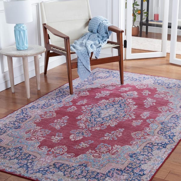 Tuscon Red/Navy 8 ft. x 10 ft. Machine Washable Border Floral Area Rug