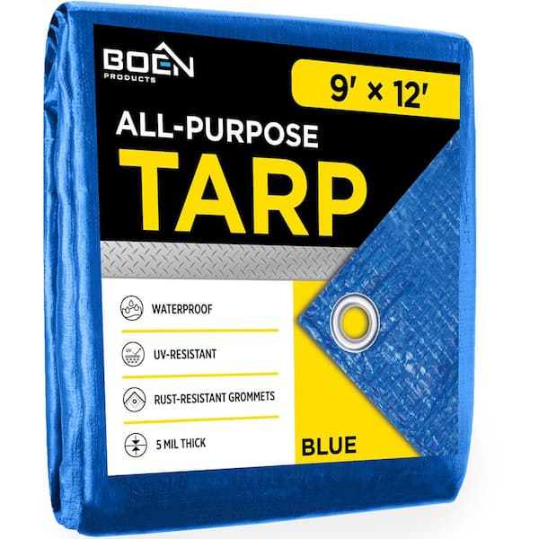 BOEN 9 ft. x 12 ft. Multi-Purpose Blue Poly Tarp Cover 5 Mil Thick Weave Material, Waterproof