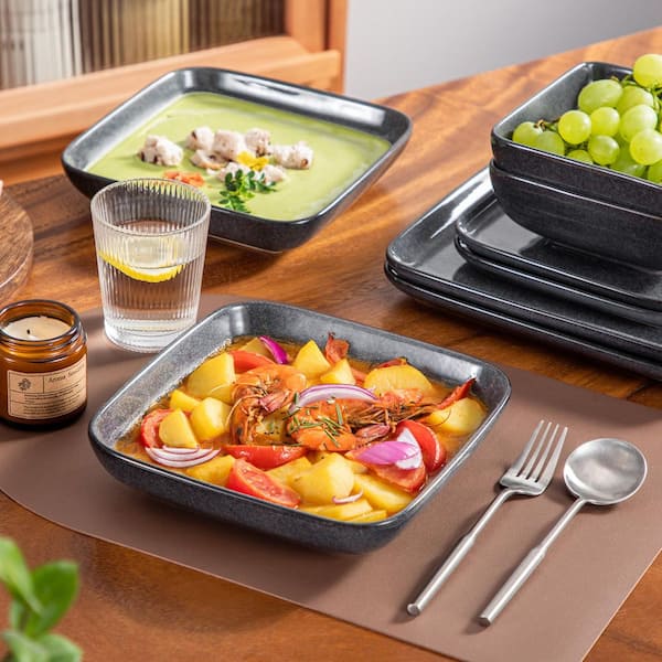 16-Piece Gray Stoneware Dinnerware Set Service for 4 Square Bowls and Plates Dinner Set