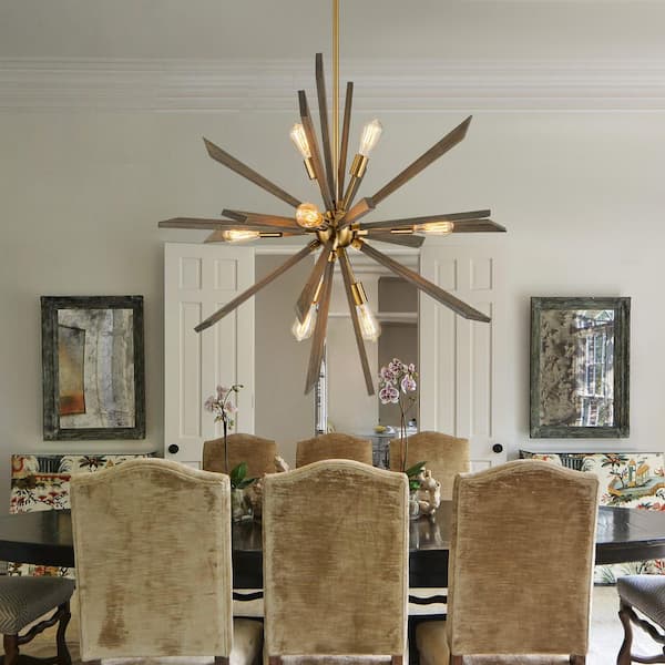 40.2 in. 8-Light Gold wooden Dimmable Sputnik Chandelier satellite Hanging Pendant Lighting