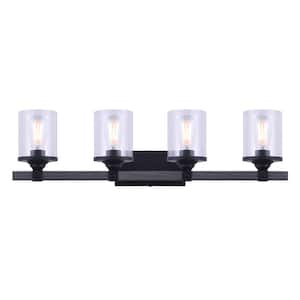 Tyson 4-Light Matte Black and Faux Wood Vanity Light with Clear Glass Shades