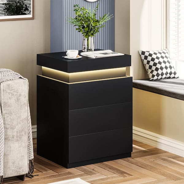 Modern Black Nightstand With 3 Storage Drawers and Multi-Colour LED Night