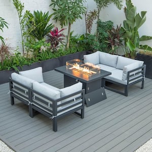 Chelsea Black 5-Piece Aluminum Sectional and Patio Fire Pit Set with Light Grey Cushions