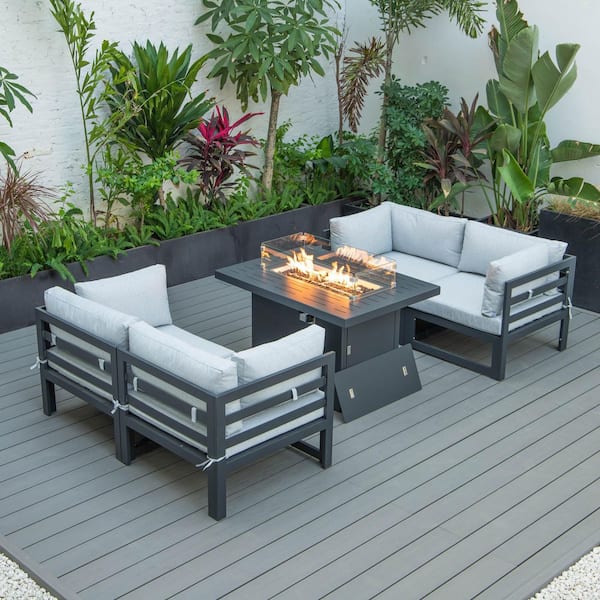Leisuremod Chelsea Black 5-Piece Aluminum Sectional and Patio Fire Pit Set with Light Grey Cushions