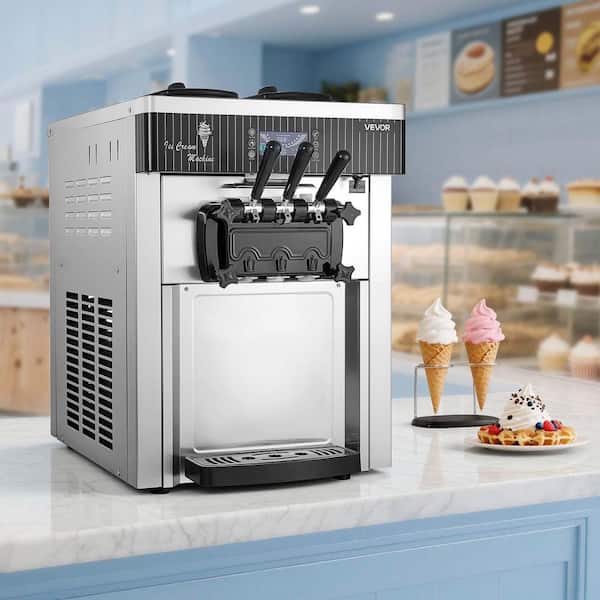 Commercial Soft Ice Cream Machine 20-28L/H Yield 12.68qt. Pre-Cooling LED Display Slef-Cleaning Stainless Steel 3-Flavor