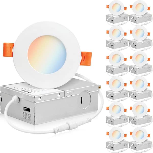 12-Pack 3 in. 5CCT Dimmable Ultra-Thin Integrated LED Recessed with Junction Box, 2700K to 5000K Selecttable 360 Lumens