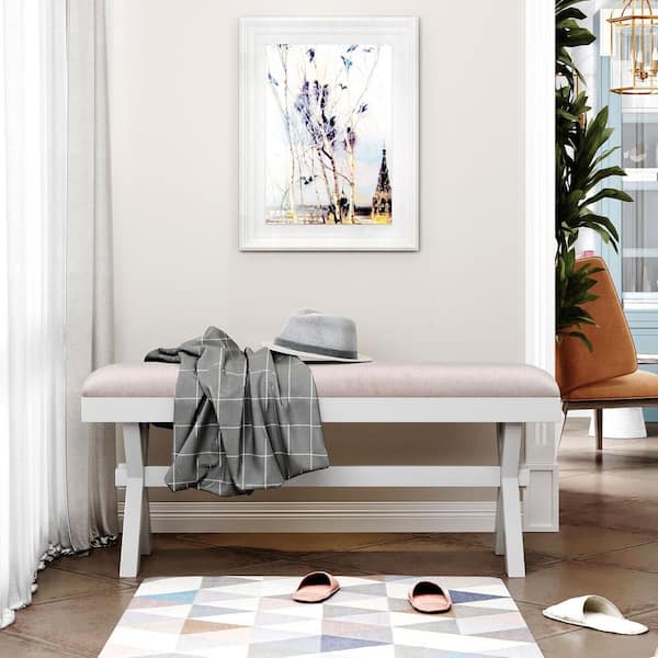 Polibi Farmhouse Style Wood Kitchen Rectangle Dining Bench with Cushion in Beige/White(37.8 in. W x 15.0 in. D x 19.5 in. H)