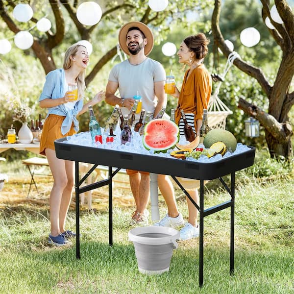 4 ft. Party Ice Cooler Folding Table Black Plastic with Matching Skirt