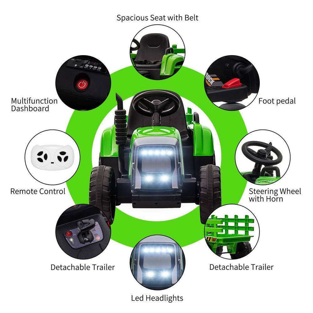 Green 12V Electric Ride-On Tractor with Trailer and Remote Control