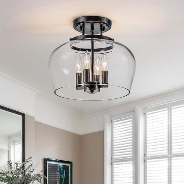 Kost 13.2 in. 4-Light Black Semi-Flush Mount with Clear Glass Shade