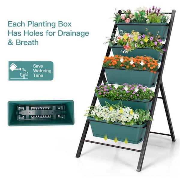 5-Tier Iron Vertical Garden Planter Box Elevated Raised Bed with 5 Container Green