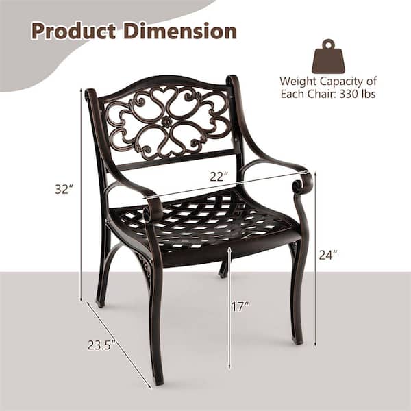 Armrests and Curved Seats Cast Aluminum Outdoor Dining Chair in Bronze Set of 2