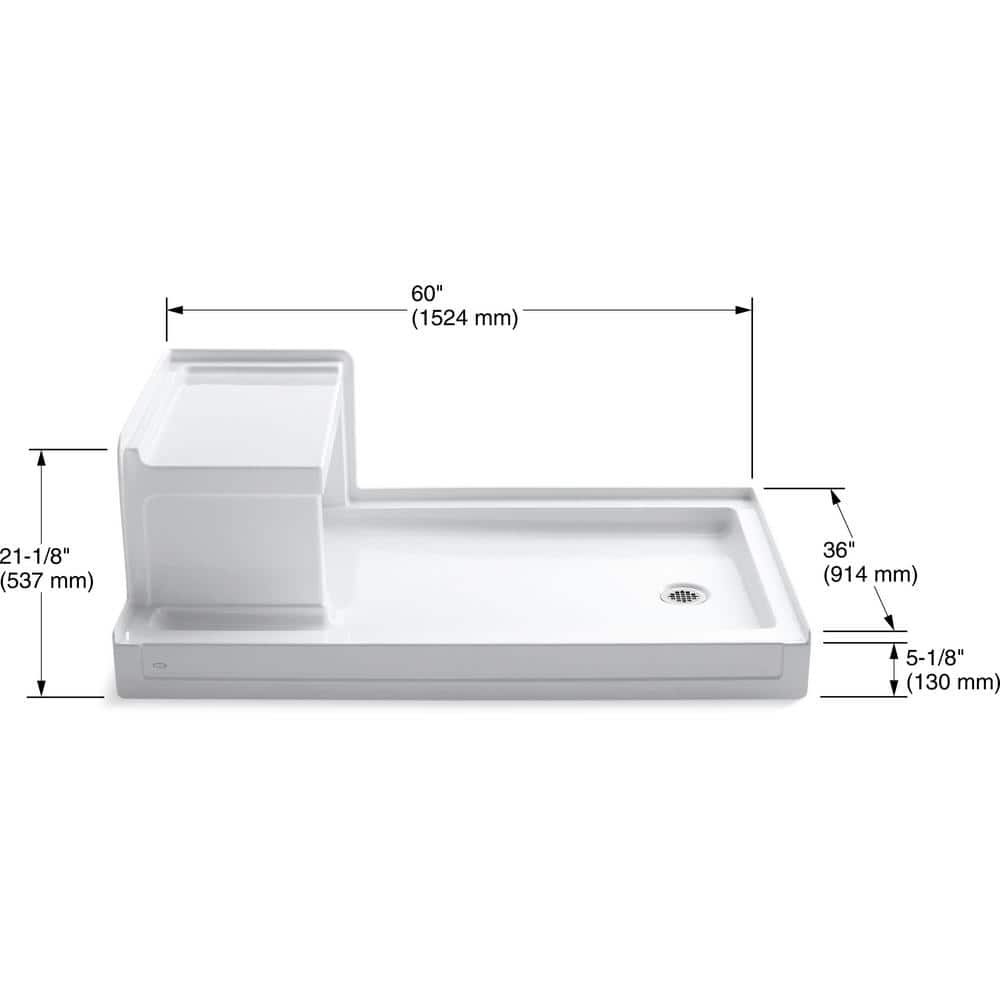 Tresham 60" x 36" White Acrylic Shower Base with Right-Hand Drain and Integral Seat