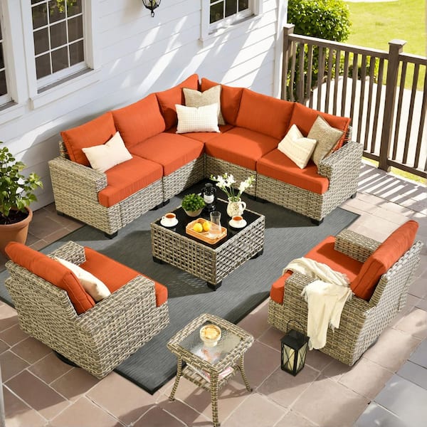 XIZZI Lauren 9-Piece Wicker Patio Conversation Seating Sofa Set with Orange Red Cushions and Swivel Rocking Chairs