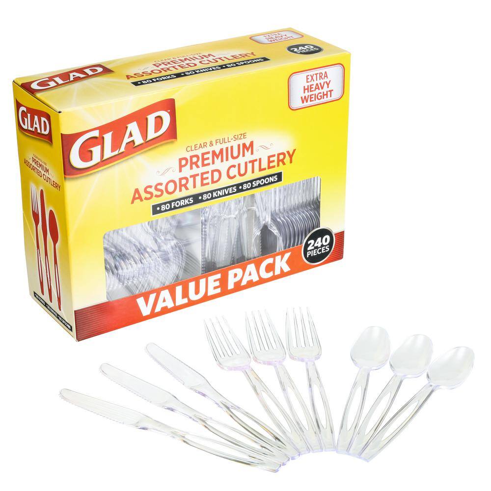 8 Knives Glad Disposable Tabletop 24 Count 8 Forks 8 Spoons Glad Crystal Clear Assorted Plastic Cutlery Forks Clear and Heavy Duty Plastic Silverware 