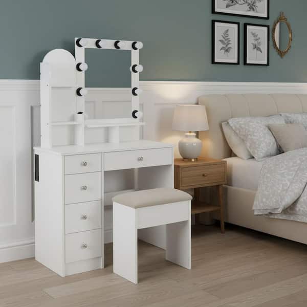 Homy Casa PERRLY 5-Drawers Snow White Makeup Vanity Set with Mirror, Stool, LED Lights, Charging Station and 5 Open Shelves