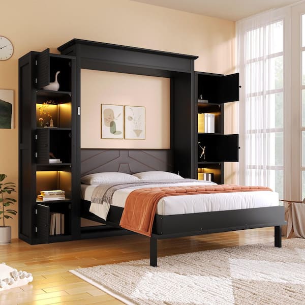 Polibi Black Wood Frame Queen Size Murphy Bed with LED Lights and