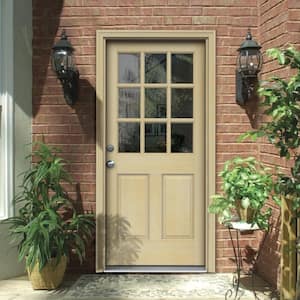 30 in. x 80 in. 9 Lite Unfinished Wood Prehung Right-Hand Inswing Entry Door w/Rot Resistant Jamb and Brickmould