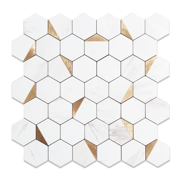 Yipscazo Hexagon Carla White Mixed Metal 12 in. x 12 in. PVC Peel and Stick Backsplash Wall Tile (10 Sq. Ft./10-Sheets)