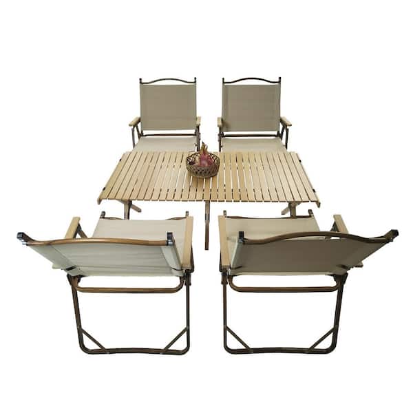 HOTEBIKE 5-Piece Natural Wood Multi-Function Foldable and Portable Outdoor Dining Set 1 Dining Table Plus 4 Folding Chairs