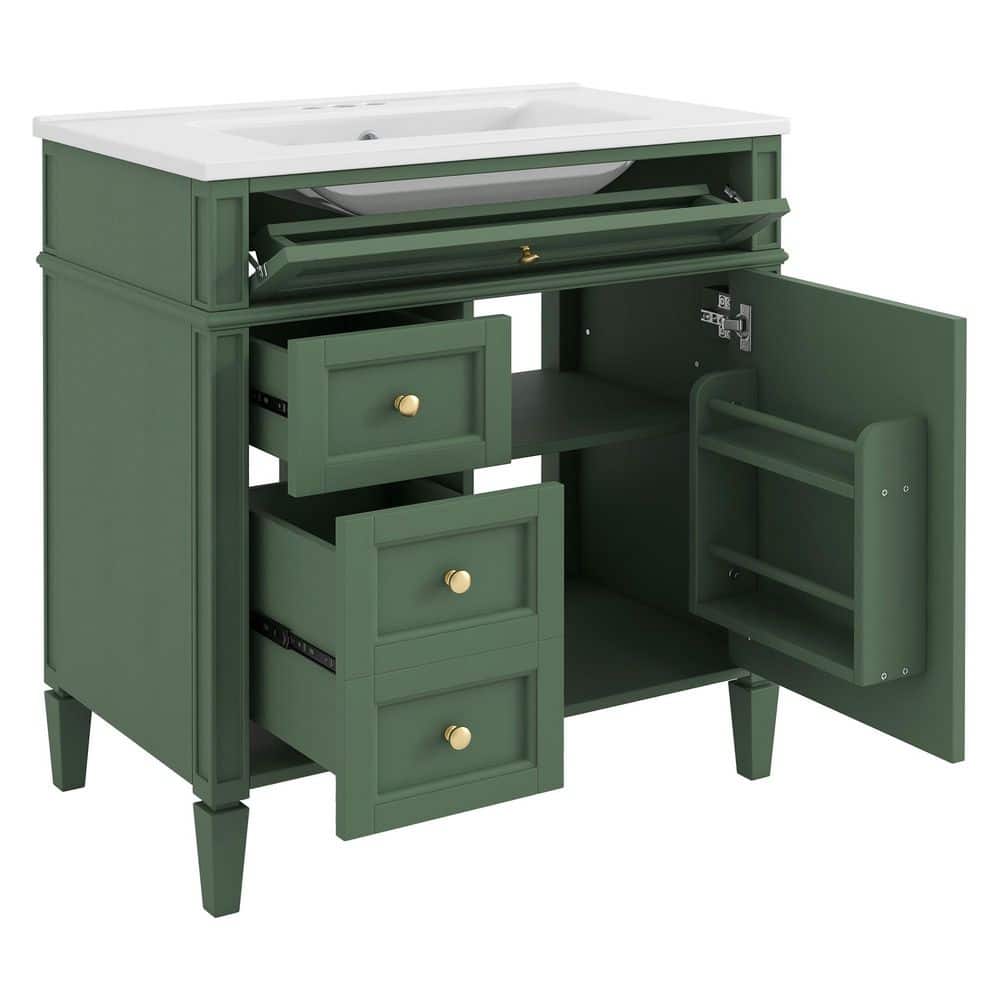 30 in. Single Sink Freestanding Green Bath Vanity with White Ceramic Top Unassembled, 2 Drawers & 1 Tip-out Drawer