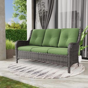 3-Seat Wicker Outdoor Patio Sofa Sectional Couch with Green Cushions