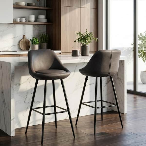 30 in. Aldis Brown Faux Leather Bar Stool with Black Metal Legs and Decorative Zipper (Set of 2)