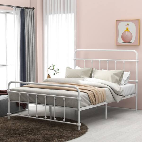 GOJANE 77.30 in. W White Full Size Metal Platform Bed with Headboard and Footboard, No Box Spring Needed