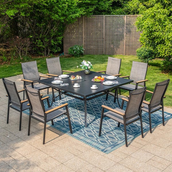 PHI VILLA Black 9 Piece Metal Outdoor Patio Dining Set with Square Table and Stackable Aluminum Chairs THD9 452 321