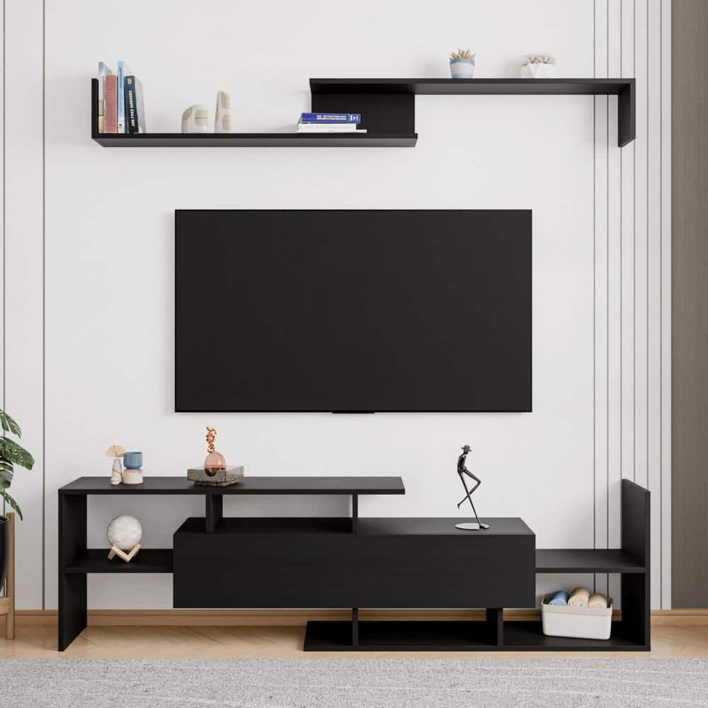 Ebony Modern TV Stand with MDF Shelves and Cabinet
