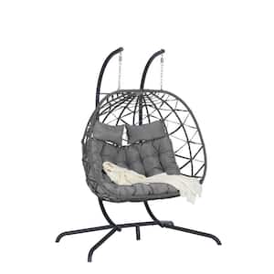Modern Metal Large Dark Gray Ratten Double Seat Patio Swing Egg Chair with Gray Cushions