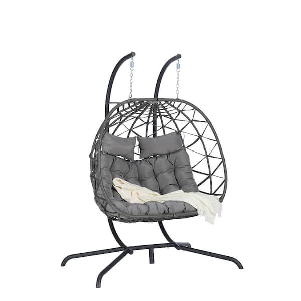 Sudzendf Modern Metal Large Dark Gray Ratten Double Seat Patio Swing Egg Chair with Gray Cushions