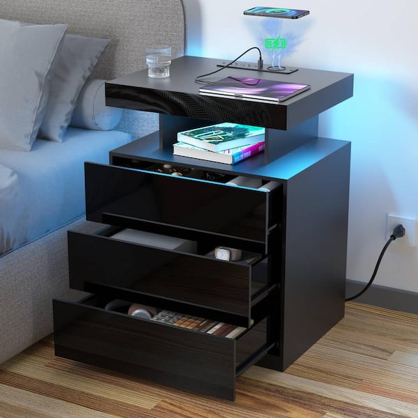 WOODYHOME Modern Black 3-Drawer 26.8 in. H x 19.7 in. W x 15.8 in. D Nightstand with Wireless Charging Station and LED Light Strip