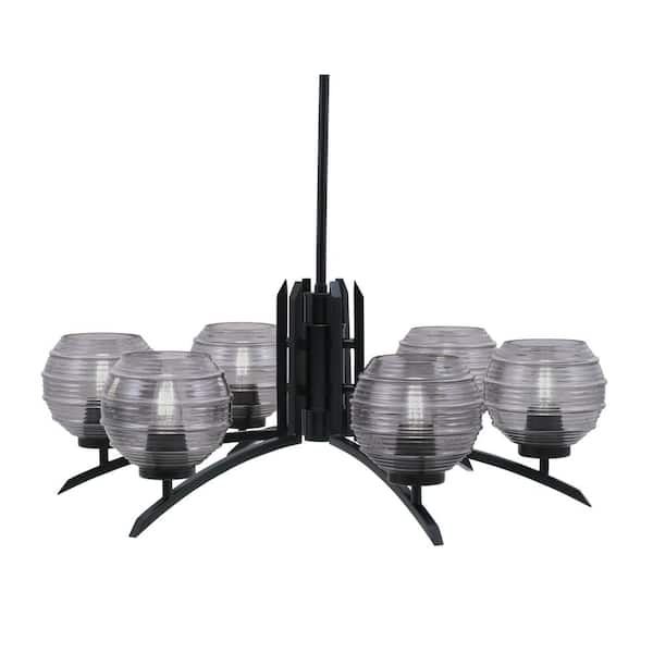 Unbranded Siena 6-Light Matte Black Chandelier, Round Chandelier with Smoke Ribbed Glass Shades, No bulb Included