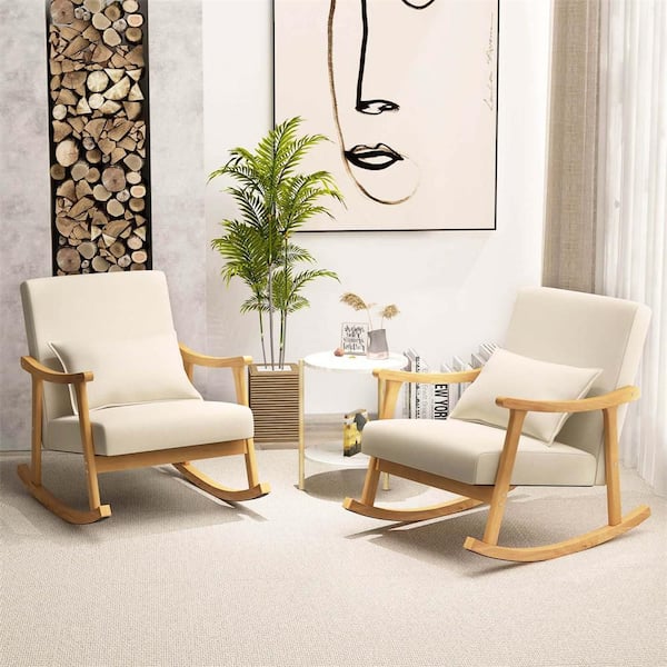 Beige Upholstered Rocking Chair with Pillow Rocking Armchair with Rubber Wood Frame