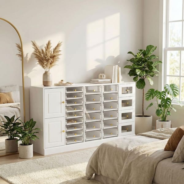 White Wood and Acrylic 59 in. W Jewelry Armoire, Collectibles Cabinet, Nail Polish Storagee with 2-Shelf and 25 Drawers