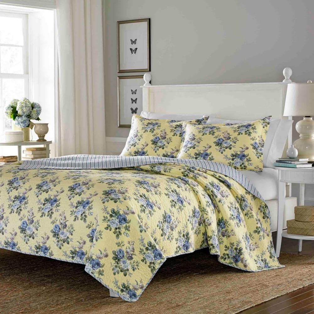 Linley Blue Floral Reversible Cotton Full Quilt Set