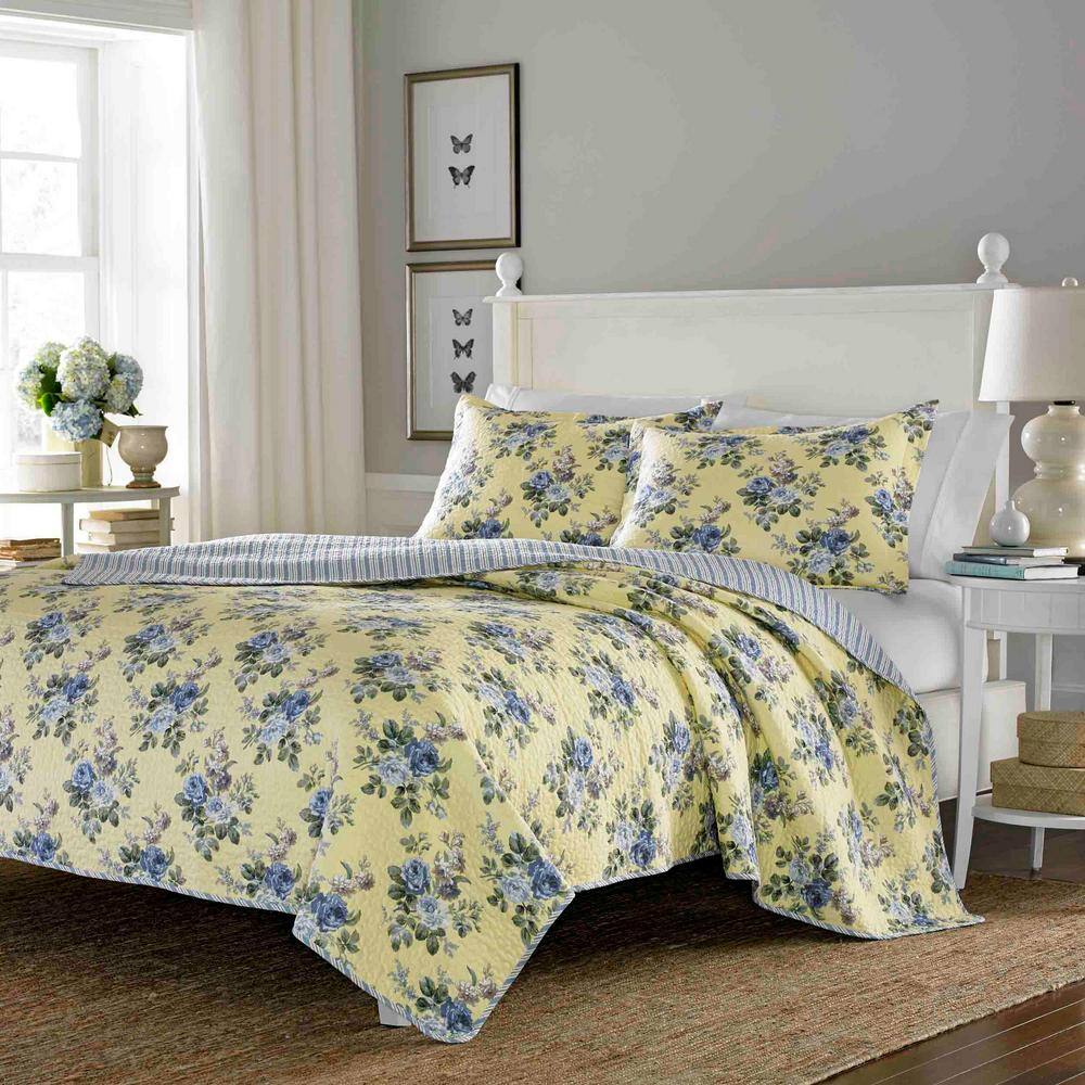 Linley Blue Floral Cotton King Reversible Quilt Set