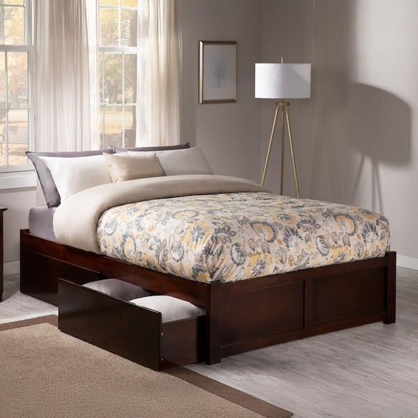 Concord Walnut Full Platform Bed with Flat Panel Foot Board and 2-Urban Bed Drawers
