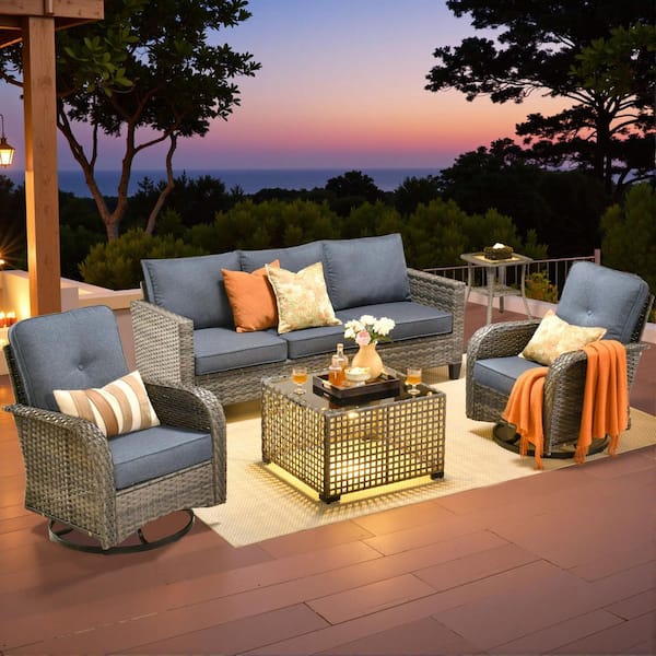 Nvelyn Gray 5-Piece Wicker Patio Conversation Set with Denim Blue Cushions and Swivel Chairs