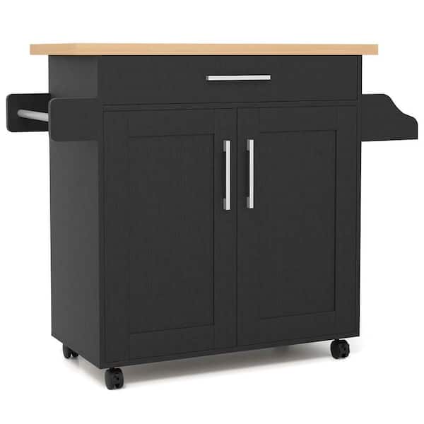 Costway Rolling Kitchen Black Island Cart Storage Cabinet with Towel and Spice Rack