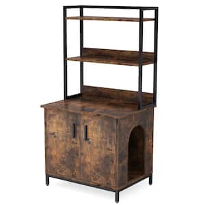 Kellum Rustic Brown Litter Box Enclosure, Industrial Cat Cabinet with Shelves and Doors, Wood Pet Crate Hidden Washroom