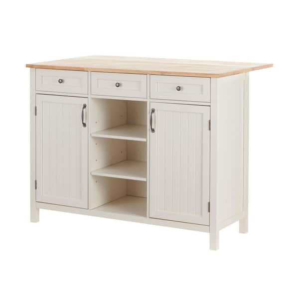 StyleWell Bainport Ivory Wooden Kitchen Island with Natural Butcher Block Top and Storage (48" W)