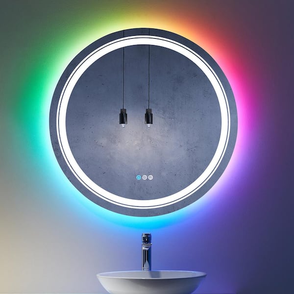 KIOTEE 36 in. W x 36 in. H Round Frameless LED Frontlit, Backlit Anti-Fog Tempered Glass Wall Bathroom Vanity Mirror in RGB